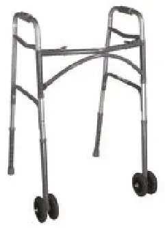 A walker with wheels on a white background.