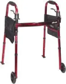 A red walker with wheels and a black seat on a white background.