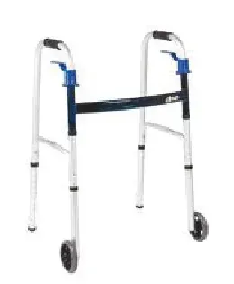 A white and blue walker with wheels on a white background.
