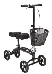 A black knee scooter with a basket attached to it.