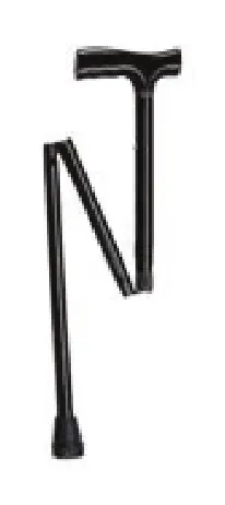 A black folding cane with a t handle on a white background.