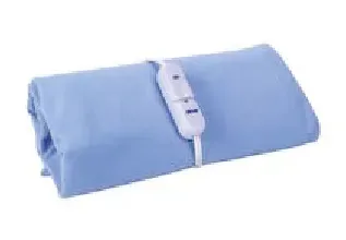 A blue electric blanket with a white remote control on a white background.