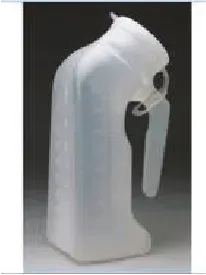 A plastic urinal with a handle is sitting on a table.