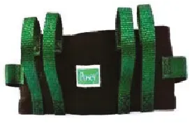 A black bag with green straps on a white background.