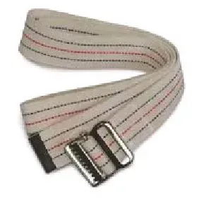 A close up of a belt with a metal buckle on a white background.