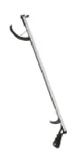 A close up of a reacher on a white background.