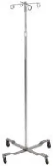 A stainless steel iv pole with wheels on a white background.