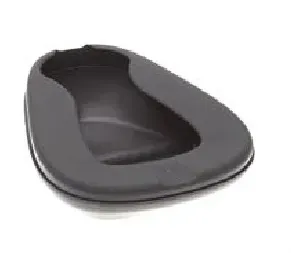 A black plastic toilet seat on a white background.