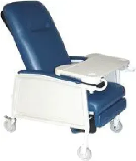 A blue and white hospital chair with a tray attached to it.