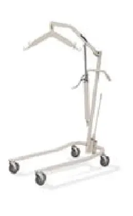 A white patient lift with wheels on a white background.