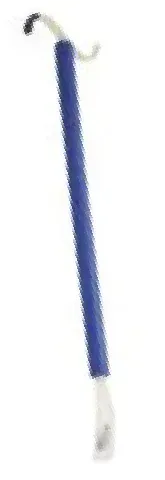 A blue stick with a hook on the end on a white background.