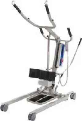 A standing lift with wheels and handles on a white background.