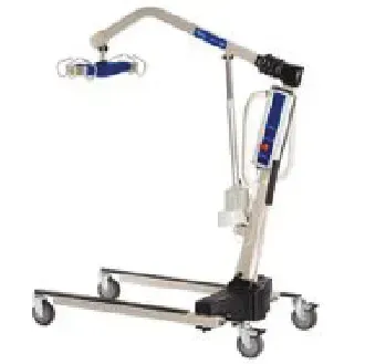 A patient lift with wheels on a white background.