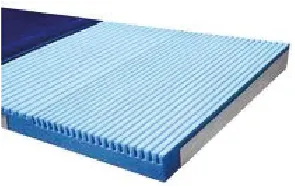 A blue and white mattress on a white background.