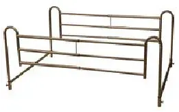 A metal railing is sitting on top of a bed on a white background.