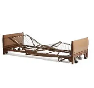 A hospital bed with a wooden frame and wheels on a white background.