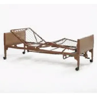 A hospital bed with wheels and a wooden frame on a white background.
