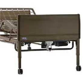 A hospital bed with wheels and a motor on a white background.