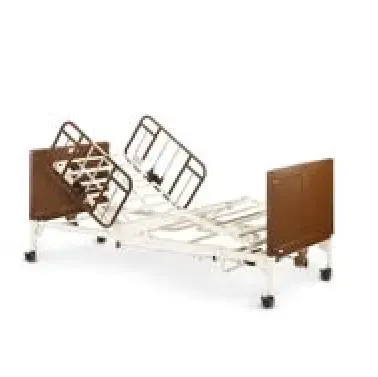 A hospital bed with a brown frame and wheels on a white background.