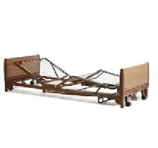 A wooden hospital bed with wheels on a white background.