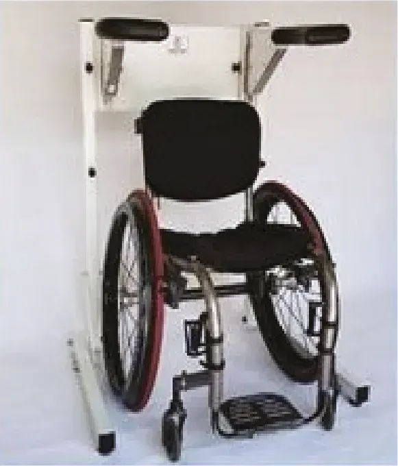 A wheelchair is sitting on top of a white table.