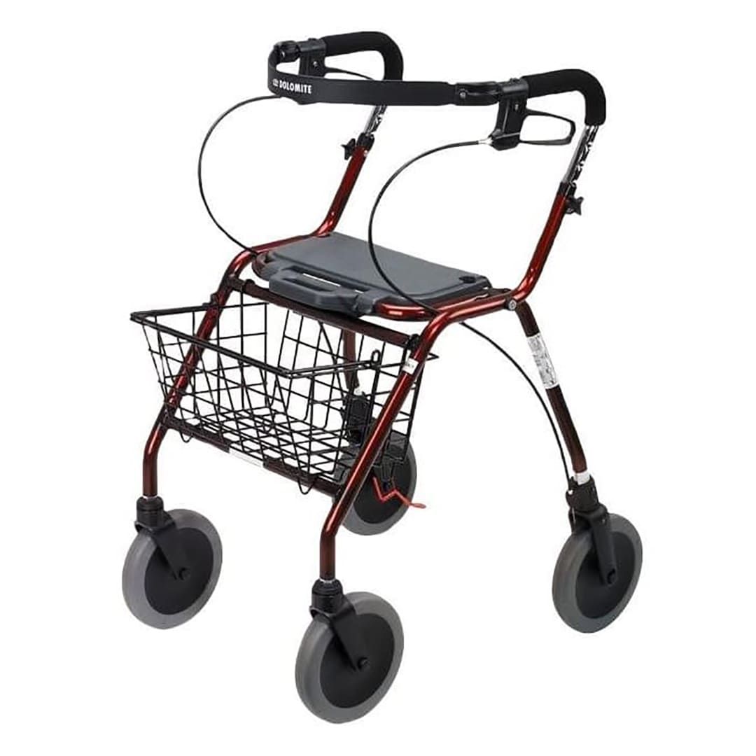 A red walker with a basket and wheels on a white background.