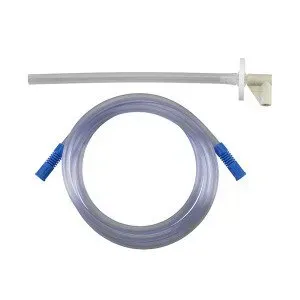 A clear hose with blue ends and a white hose with blue ends on a white background.