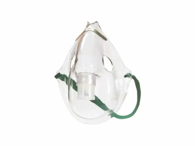 A clear oxygen mask with a green strap