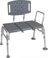 A gray bath bench with a metal frame and handles on a white background.