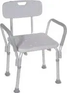 An aluminum bath chair with a white seat and arm rests on a white background.