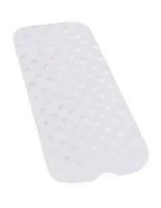 A white rubber bath mat with holes in it on a white background.