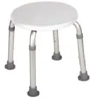 A white bath stool with aluminum legs and a white top.