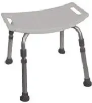 A white bath stool with stainless steel legs on a white background.