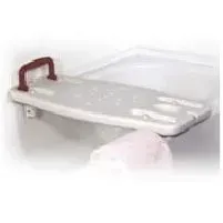 A bathtub tray with a towel hook attached to it.