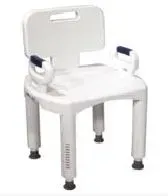 A white bath chair with black handles on a white background.