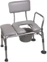 A commode chair with a bucket attached to it.