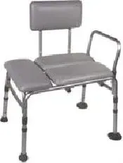 A gray chair with a cushion on it is sitting on a white surface.