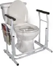 A toilet with a magazine rack attached to it.