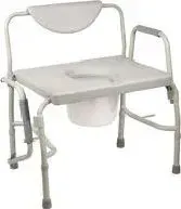 A commode chair with a tray and a bucket attached to it.