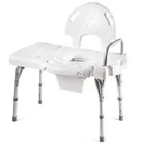 A white commode chair with a toilet seat attached to it.