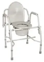 A commode chair with a toilet attached to it on a white background.