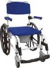 A blue and white wheelchair with a commode attached to it.
