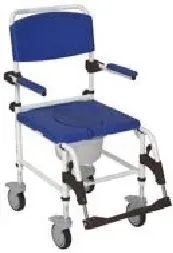 A blue and white commode chair with wheels on a white background.