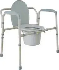 A commode chair with a bucket attached to it on a white background.