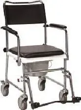 A black commode chair with wheels on a white background.