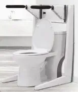A toilet with a bar attached to it in a bathroom.