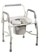 A commode chair with a bucket attached to it on a white background.