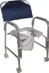 A commode chair with wheels and a blue seat on a white background.