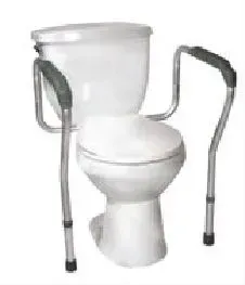 A toilet with a safety rail attached to it.