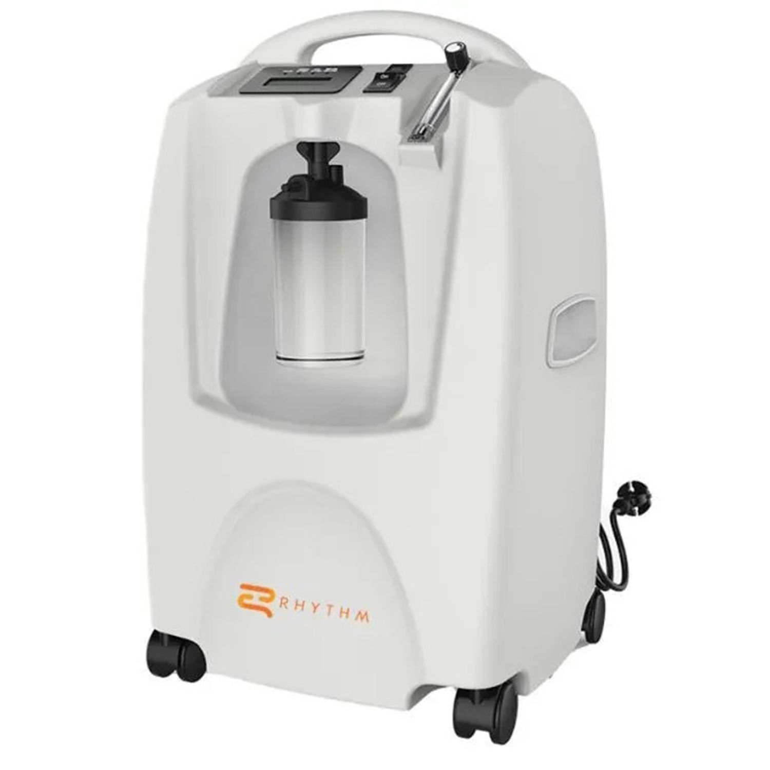 A white rhythm oxygen machine with wheels